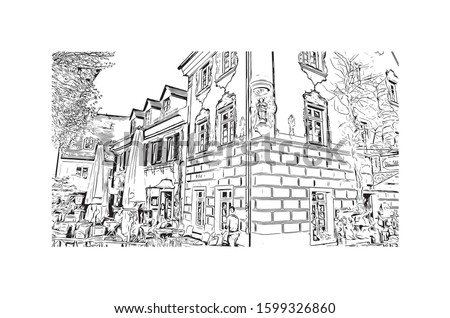 Building view with landmark of Freiburg im Breisgau, a vibrant university city in southwest Germany. Hand drawn sketch illustration in vector.