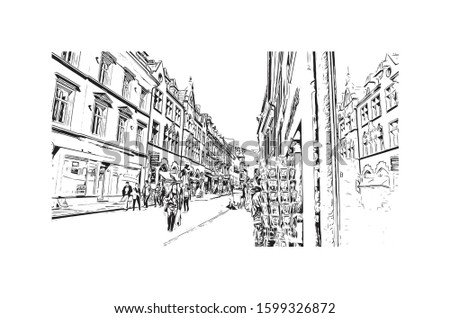 Building view with landmark of Freiburg im Breisgau, a vibrant university city in southwest Germany. Hand drawn sketch illustration in vector.