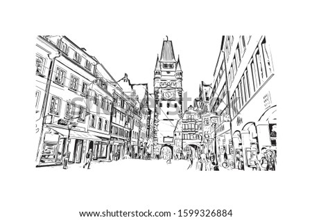 Building view with landmark of Freiburg im Breisgau, a vibrant university city in southwest Germany. Hand drawn sketch illustration in vector.