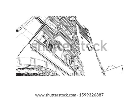 Building view with landmark of Freiburg im Breisgau, a vibrant university city in southwest Germany. Hand drawn sketch illustration in vector.