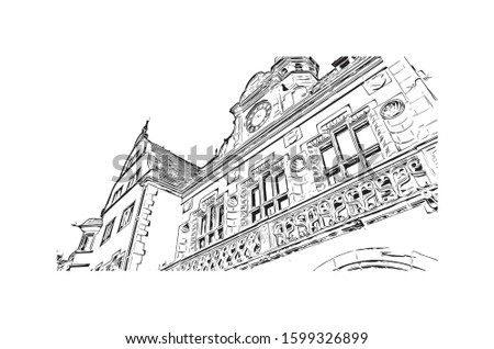 Building view with landmark of Freiburg im Breisgau, a vibrant university city in southwest Germany. Hand drawn sketch illustration in vector.