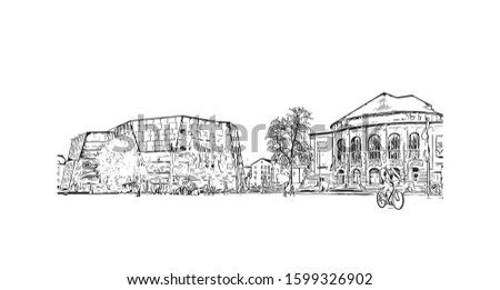 Building view with landmark of Freiburg im Breisgau, a vibrant university city in southwest Germany. Hand drawn sketch illustration in vector.