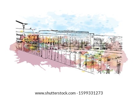 Building view with landmark of Freiburg im Breisgau, a vibrant university city in southwest Germany. Watercolor splash with Hand drawn sketch illustration in vector.