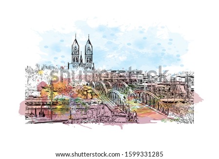 Building view with landmark of Freiburg im Breisgau, a vibrant university city in southwest Germany. Watercolor splash with Hand drawn sketch illustration in vector.