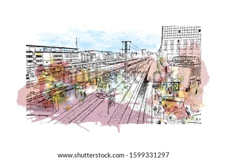 Building view with landmark of Freiburg im Breisgau, a vibrant university city in southwest Germany. Watercolor splash with Hand drawn sketch illustration in vector.