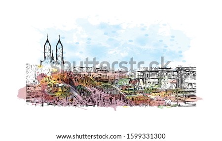 Building view with landmark of Freiburg im Breisgau, a vibrant university city in southwest Germany. Watercolor splash with Hand drawn sketch illustration in vector.