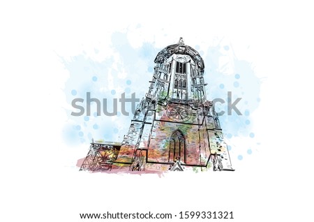 Building view with landmark of Freiburg im Breisgau, a vibrant university city in southwest Germany. Watercolor splash with Hand drawn sketch illustration in vector.