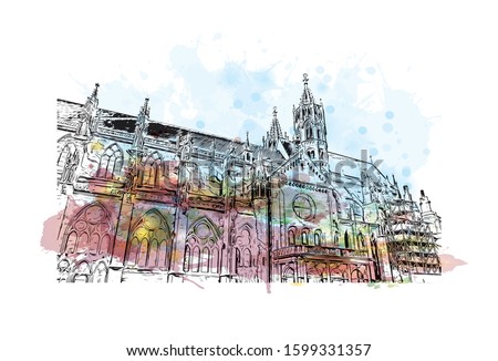 Building view with landmark of Freiburg im Breisgau, a vibrant university city in southwest Germany. Watercolor splash with Hand drawn sketch illustration in vector.