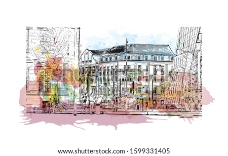 Building view with landmark of Freiburg im Breisgau, a vibrant university city in southwest Germany. Watercolor splash with Hand drawn sketch illustration in vector.