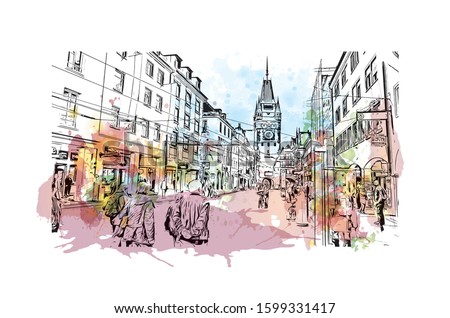 Building view with landmark of Freiburg im Breisgau, a vibrant university city in southwest Germany. Watercolor splash with Hand drawn sketch illustration in vector.