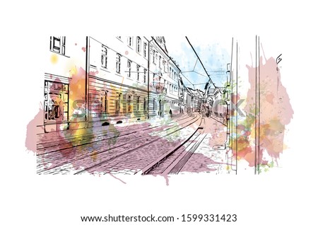 Building view with landmark of Freiburg im Breisgau, a vibrant university city in southwest Germany. Watercolor splash with Hand drawn sketch illustration in vector.