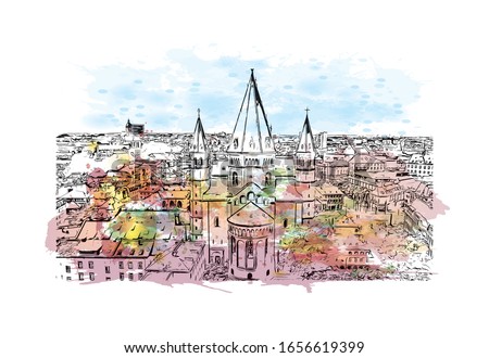 Building view with landmark of Mainz is a German city on the Rhine River. It’s known for its old town. Watercolor splash with Hand drawn sketch illustration in vector.