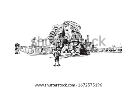 Building view with landmark of Nantes, a city on the Loire River in the Upper Brittany region of western France. Hand drawn sketch illustration in vector.
