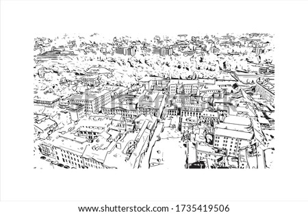 Building view with landmark of Tartu is a city in eastern Estonia. It’s known for the prestigious, 17th-century University of Tartu. Hand drawn sketch illustration in vector.