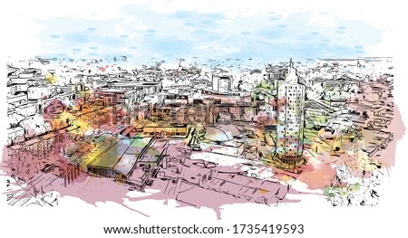 Building view with landmark of Tartu is a city in eastern Estonia. It’s known for the prestigious, 17th-century University of Tartu. Watercolor splash with Hand drawn sketch illustration in vector.