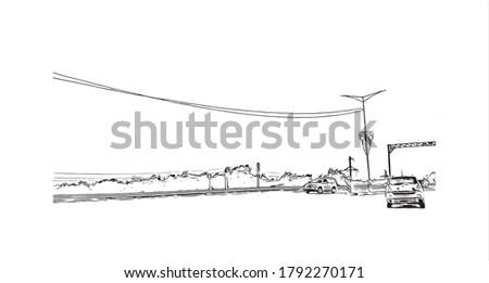 Building view with landmark of Aktobe is a city on the Ilek River in Kazakhstan. Hand drawn sketch illustration in vector. Stok fotoğraf © 