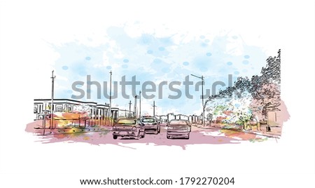 Building view with landmark of Aktobe is a city on the Ilek River in Kazakhstan. Watercolor splash with hand drawn sketch illustration in vector. Stok fotoğraf © 