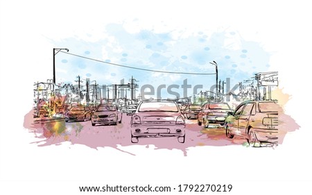 Building view with landmark of Aktobe is a city on the Ilek River in Kazakhstan. Watercolor splash with hand drawn sketch illustration in vector. Stok fotoğraf © 