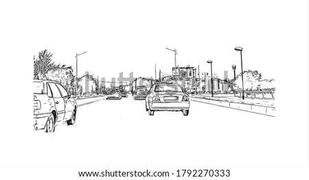 Building view with landmark of Aktobe is a city on the Ilek River in Kazakhstan. Hand drawn sketch illustration in vector. Stok fotoğraf © 