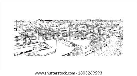 Building view with landmark of Anaheim is a city outside Los Angeles, in Southern California. Hand drawn sketch illustration in vector.