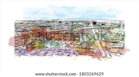 Building view with landmark of Anaheim is a city outside Los Angeles, in Southern California. Watercolor splash with hand drawn sketch illustration in vector.