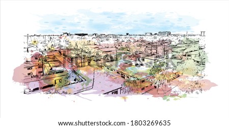 Building view with landmark of Anaheim is a city outside Los Angeles, in Southern California. Watercolor splash with hand drawn sketch illustration in vector.