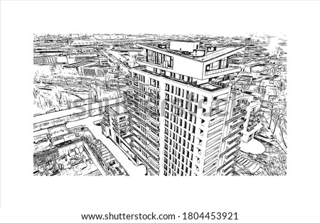 Building view with landmark of Anderlecht is one of the 19 municipalities of the Brussels-Capital Region, Belgium. Hand drawn sketch illustration in vector.