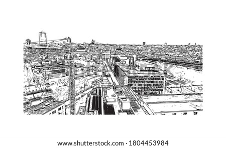 Building view with landmark of Anderlecht is one of the 19 municipalities of the Brussels-Capital Region, Belgium. Hand drawn sketch illustration in vector.