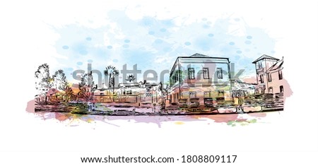 Building view with landmark of Antofagasta is a port city and regional capital in a mining area in northern Chile’s Atacama Desert. Watercolor splash with hand drawn sketch illustration in vector.