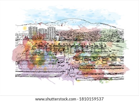 Building view with landmark of Antofagasta is a port city and regional capital in a mining area in northern Chile’s Atacama Desert. Watercolor splash with hand drawn sketch illustration in vector.