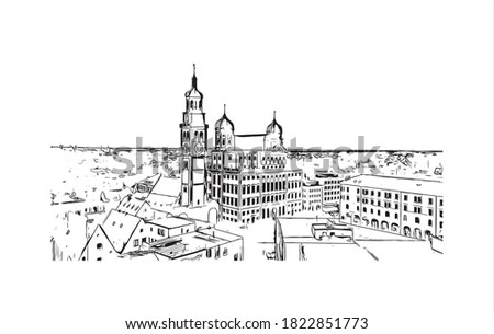 Building view with landmark of Augsburg is a UNESCO World Heritage city in Germany. Hand drawn sketch illustration in vector.