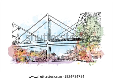 Building view with landmark of Austin is the capital city of the United State of Texas. Watercolor splash with hand drawn sketch illustration in vector.