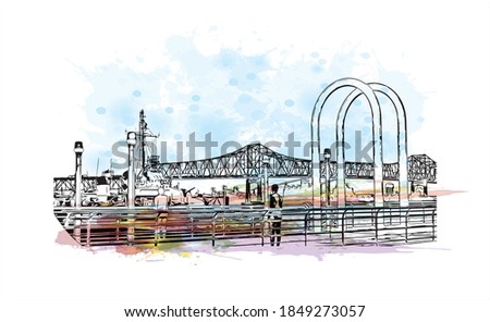 Building view with landmark of Baton Rouge is a city in Louisiana. Watercolor splash with hand drawn sketch illustration in vector.