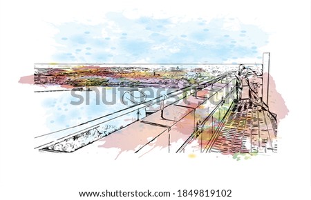 Building view with landmark of Baton Rouge is a city in Louisiana. Watercolor splash with hand drawn sketch illustration in vector.