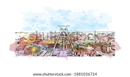 Building view with landmark of Bochum is a city in western Germany. Watercolour splash with hand drawn sketch illustration in vector.