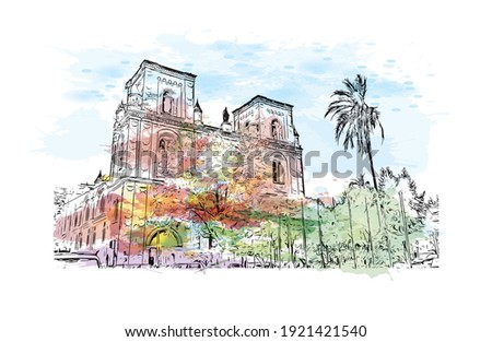 Building view with landmark of Cuenca is the
city in Ecuador. Watercolour splash with hand drawn sketch illustration in vector.