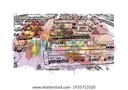 Building view with landmark of Daly City is the 
city in California. Watercolour splash with hand drawn sketch illustration in vector.