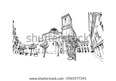 Building view with landmark of Elche is a city in southeast Spain. Hand drawn sketch illustration in vector.