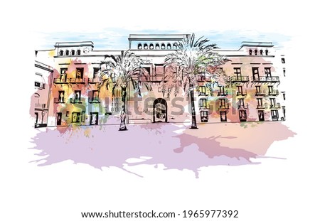 Building view with landmark of Elche is a city in southeast Spain. Watercolor splash with hand drawn sketch illustration in vector.