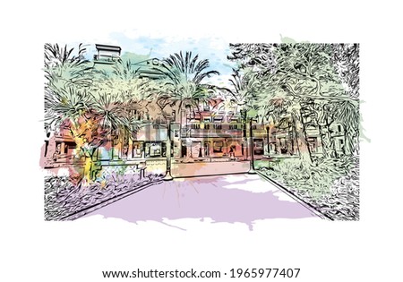 Building view with landmark of Elche is a city in southeast Spain. Watercolor splash with hand drawn sketch illustration in vector.