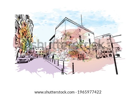 Building view with landmark of Elche is a city in southeast Spain. Watercolor splash with hand drawn sketch illustration in vector.