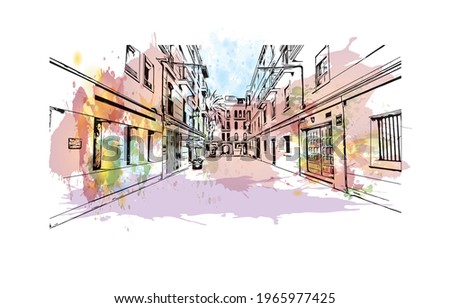 Building view with landmark of Elche is a city in southeast Spain. Watercolor splash with hand drawn sketch illustration in vector.