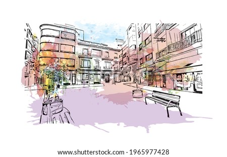 Building view with landmark of Elche is a city in southeast Spain. Watercolor splash with hand drawn sketch illustration in vector.