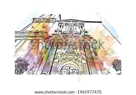 Building view with landmark of Elche is a city in southeast Spain. Watercolor splash with hand drawn sketch illustration in vector.