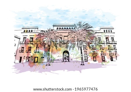 Building view with landmark of Elche is a city in southeast Spain. Watercolor splash with hand drawn sketch illustration in vector.