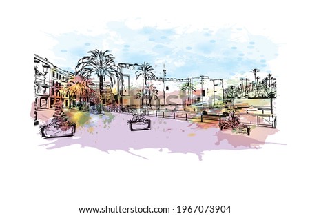 Building view with landmark of Elche is a city in southeast Spain. Watercolor splash with hand drawn sketch illustration in vector.