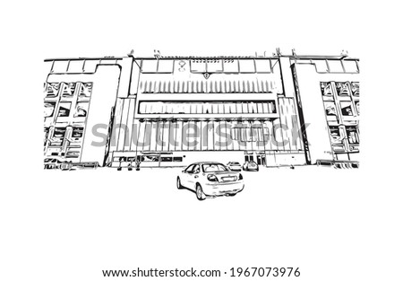 Building view with landmark of Elche is a city in southeast Spain. Hand drawn sketch illustration in vector.