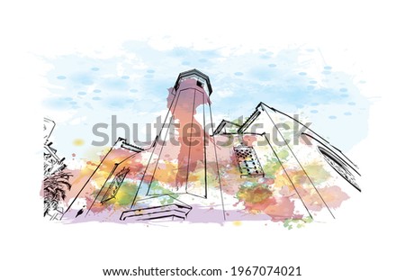 Building view with landmark of Elche is a city in southeast Spain. Watercolor splash with hand drawn sketch illustration in vector.