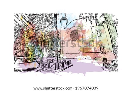 Building view with landmark of Elche is a city in southeast Spain. Watercolor splash with hand drawn sketch illustration in vector.