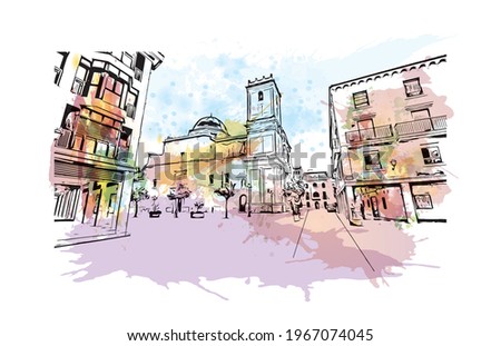 Building view with landmark of Elche is a city in southeast Spain. Watercolor splash with hand drawn sketch illustration in vector.